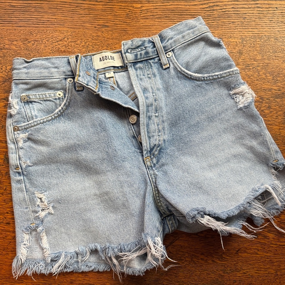 Agolde Light Blue Distressed Jean Shorts
